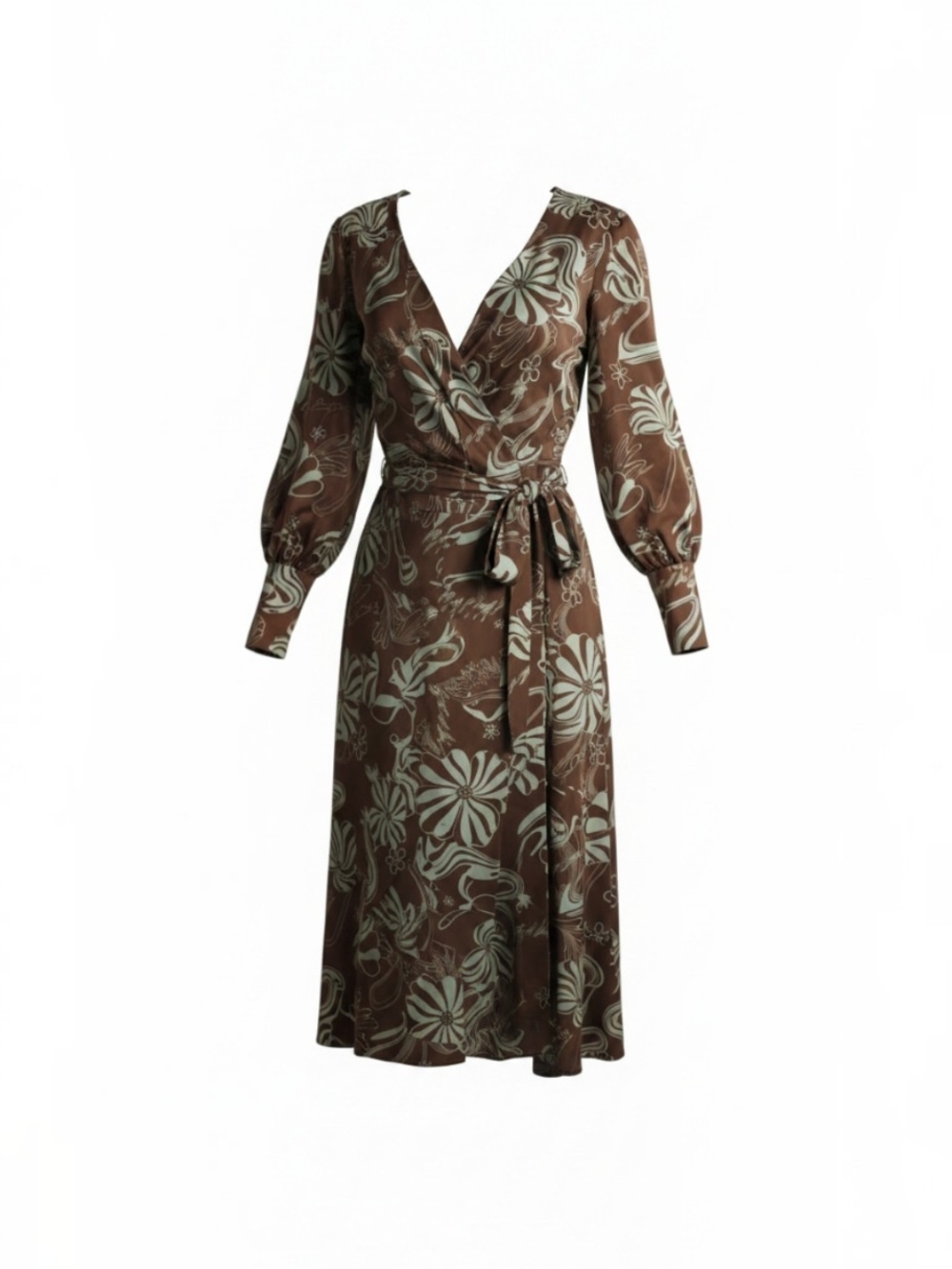 Eloquii Brown and Cream Floral Wrap Midi Dress